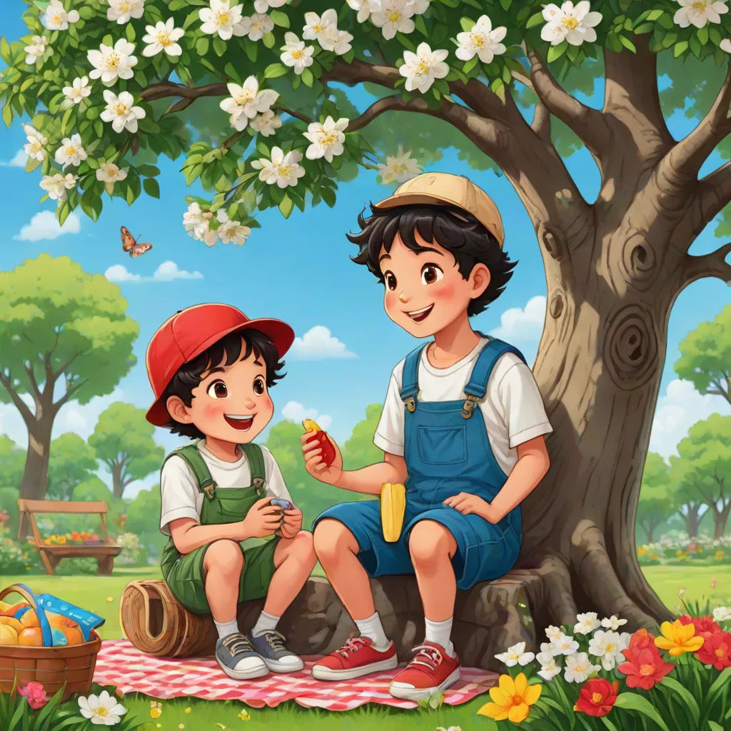 a boy and a girl sitting under a tree eating ice cream and a basket of fruit on a picnic blanket, a storybook illustration, Brothers Hildebrandt, lyco art, storybook illustration