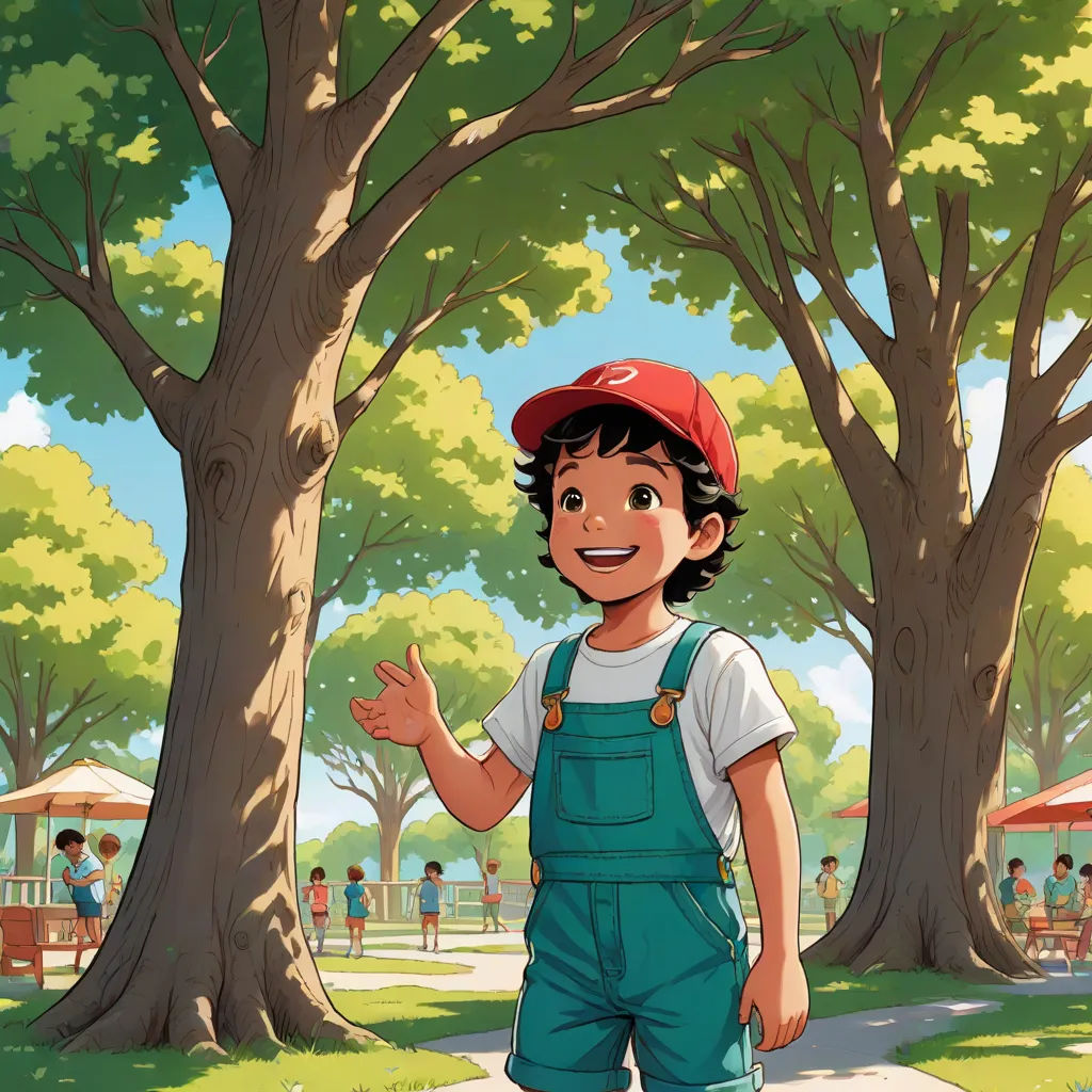 a boy in overalls and a red cap standing in front of a tree with a park in the background, a storybook illustration, Eddie Mendoza, plein air, official art