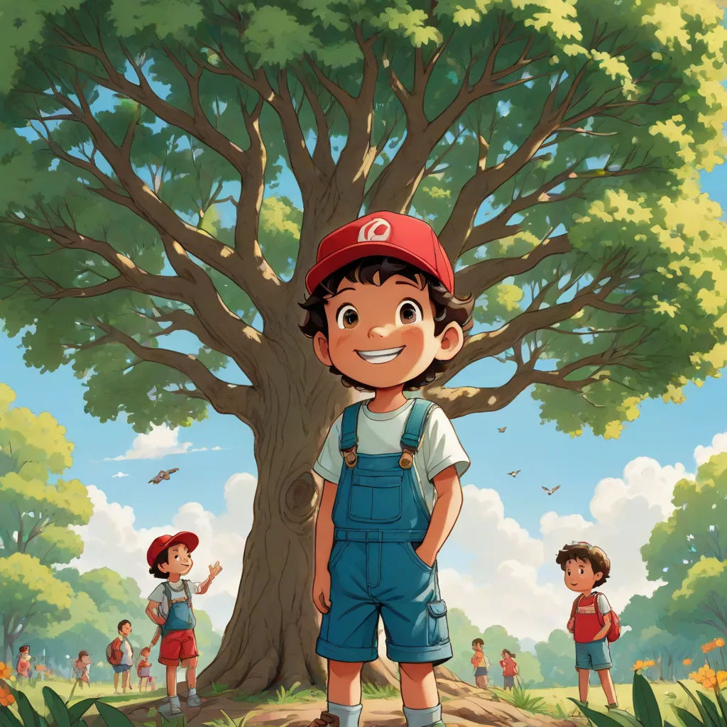 a boy in overalls standing in front of a tree with other children in the background in a cartoon, a storybook illustration, Aaron Jasinski, serial art, official art