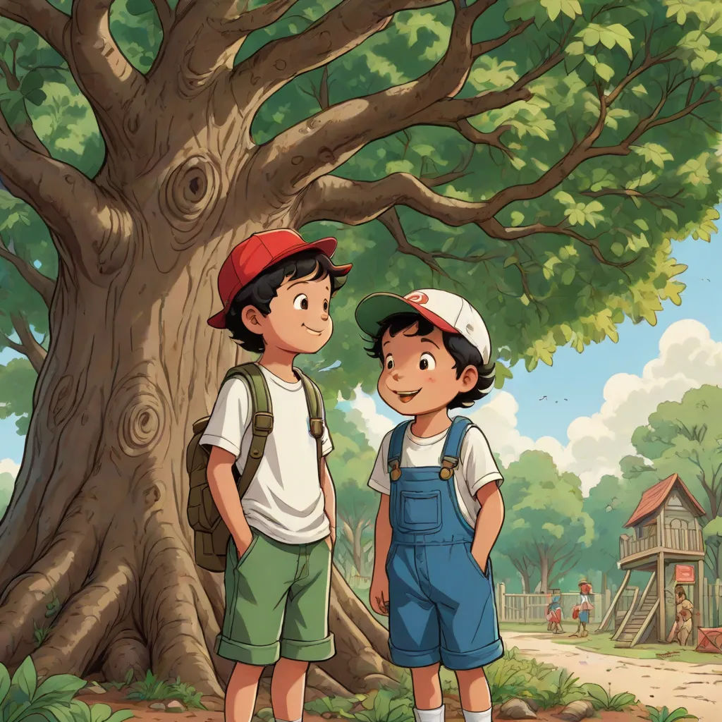 two children standing in front of a tree in a park with a playground in the background and a playground in the background, a storybook illustration, Brothers Hildebrandt, serial art, official art