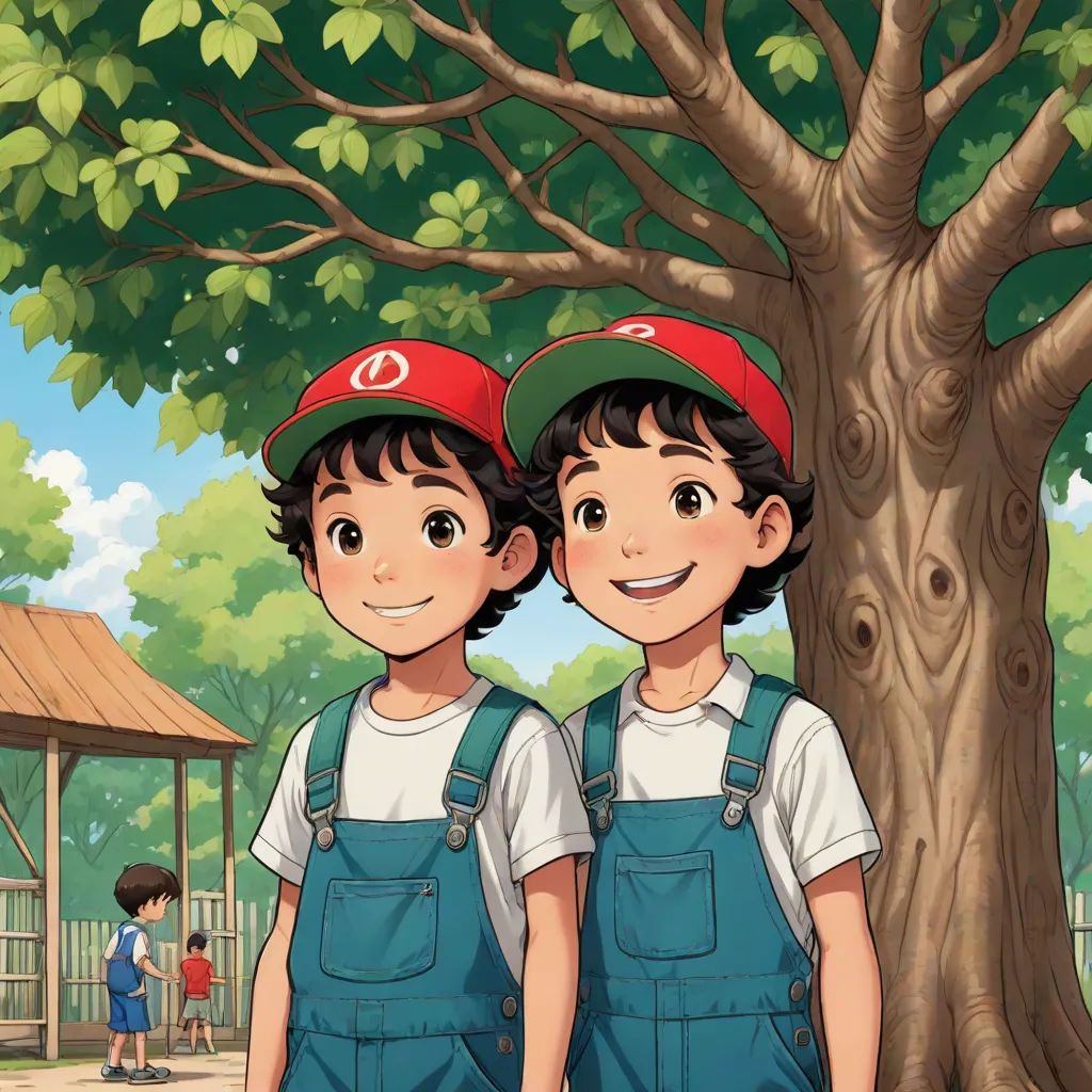 two children standing in front of a tree in a park with a gazebo in the background and a boy in the foreground, a storybook illustration, Brothers Hildebrandt, lyco art, official art