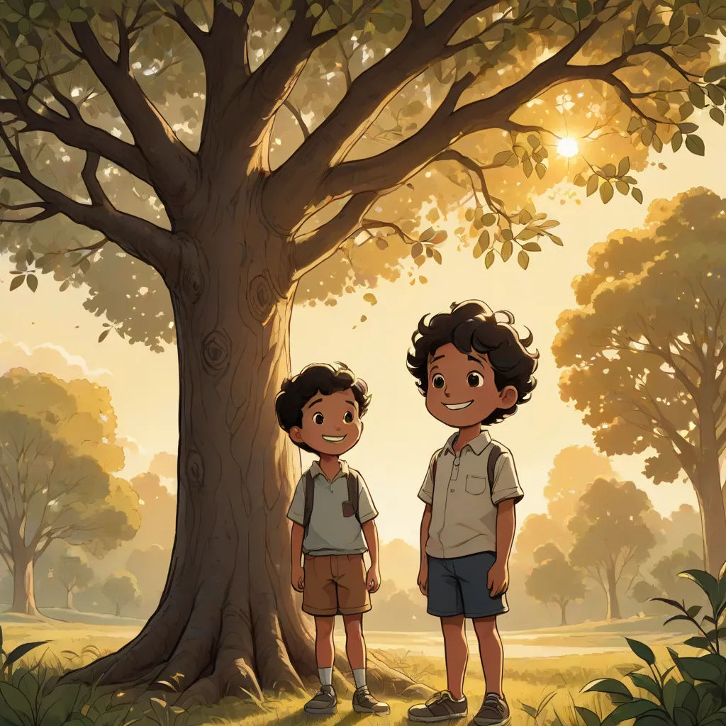 two children standing in front of a tree in a park at sunset or sunrise or dawn, with the sun shining through the trees, a storybook illustration, Brothers Hildebrandt, serial art, official art
