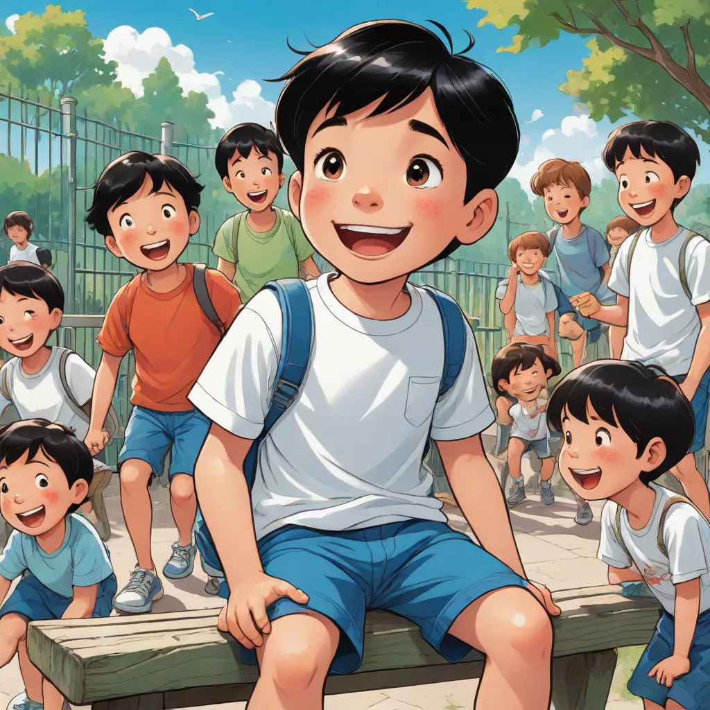 a boy sitting on a bench in front of a group of children in a park with a fence and trees, a storybook illustration, Diego Gisbert Llorens, paris school, yukito kishiro
