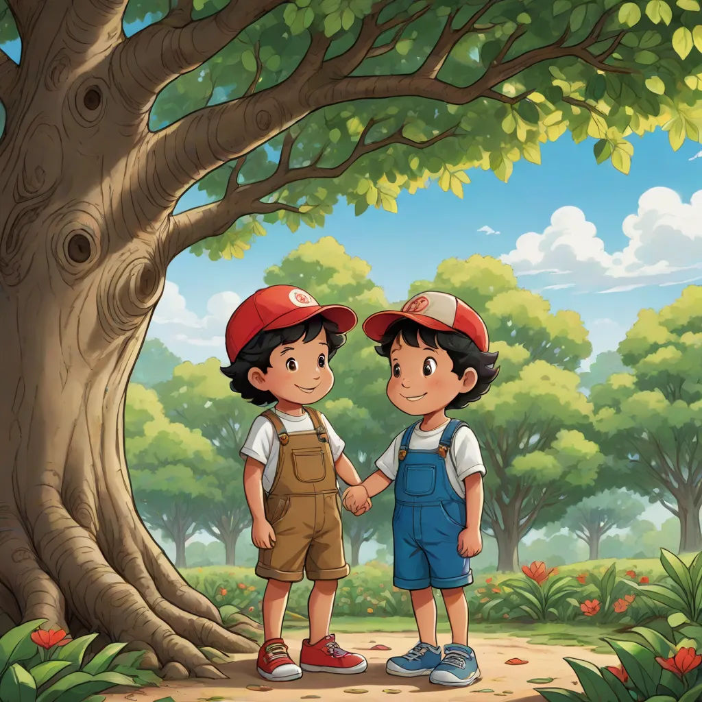 two children standing in front of a tree in a forest with a sky background and a tree trunk with green leaves, a storybook illustration, Brothers Hildebrandt, lyco art, official art