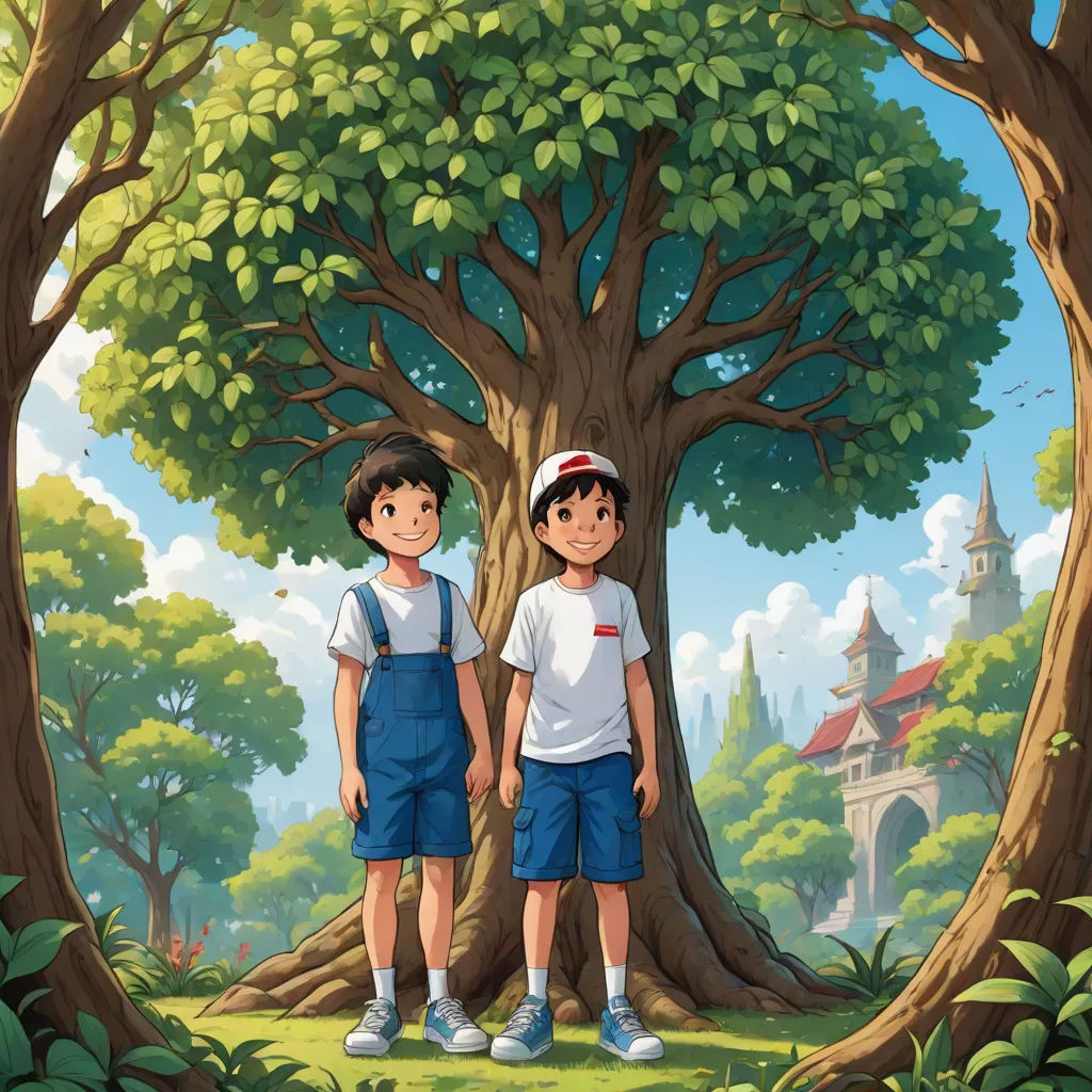 two boys standing in front of a tree in a forest with a castle in the background illustration by alex krawc, a storybook illustration, Brothers Hildebrandt, sots art, official art
