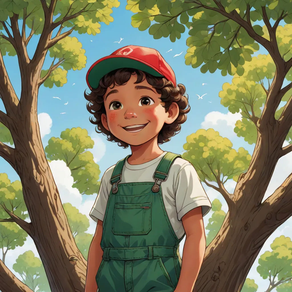 a boy in overalls and a cap standing in front of a tree with a smile on his face, a storybook illustration, Aaron Jasinski, photorealism, comic cover art