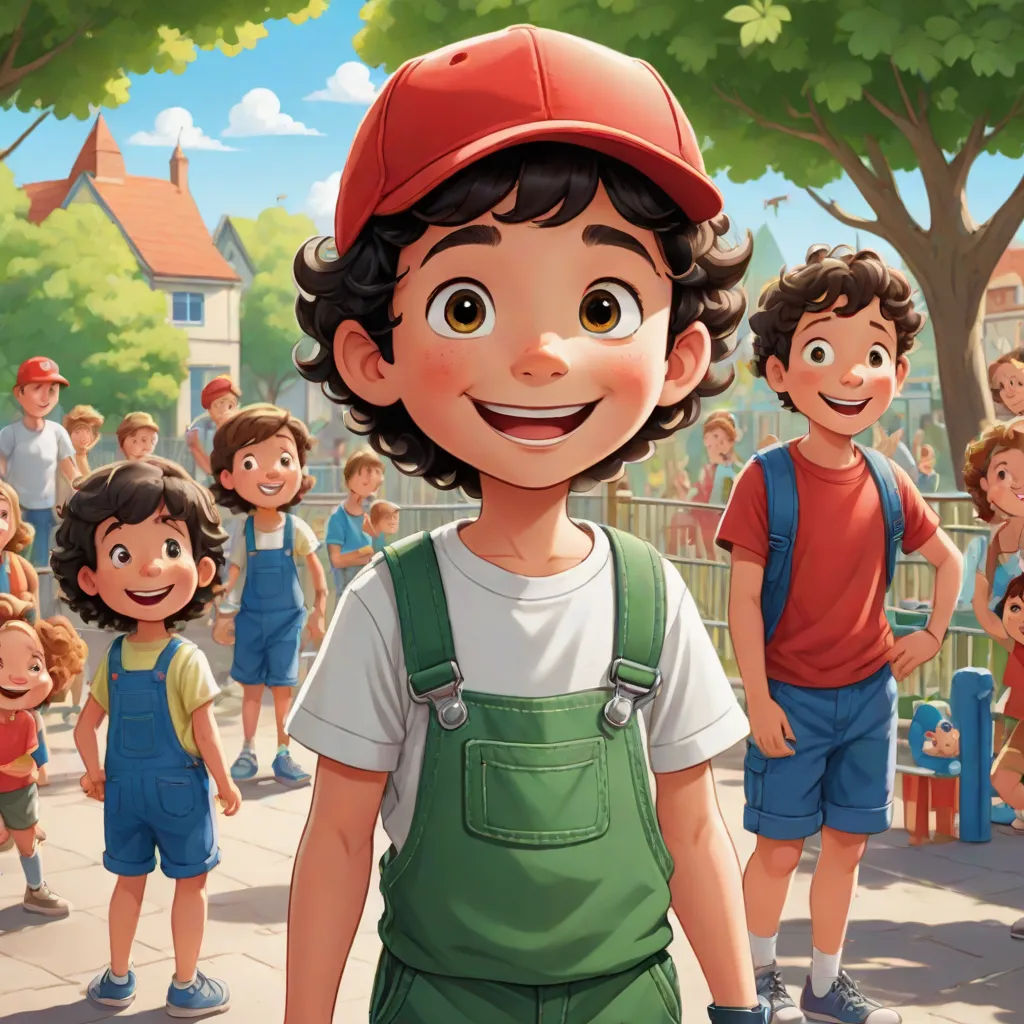 a boy in overalls and a red cap stands in front of a group of children in a park, a storybook illustration, Diego Gisbert Llorens, photorealism, official art