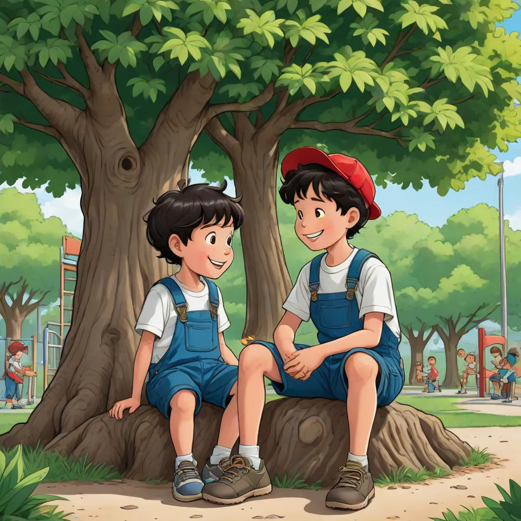 a boy and a girl sitting under a tree in a park illustration by a boy in overalls and a red hat, a storybook illustration, Brothers Hildebrandt, lyco art, official art