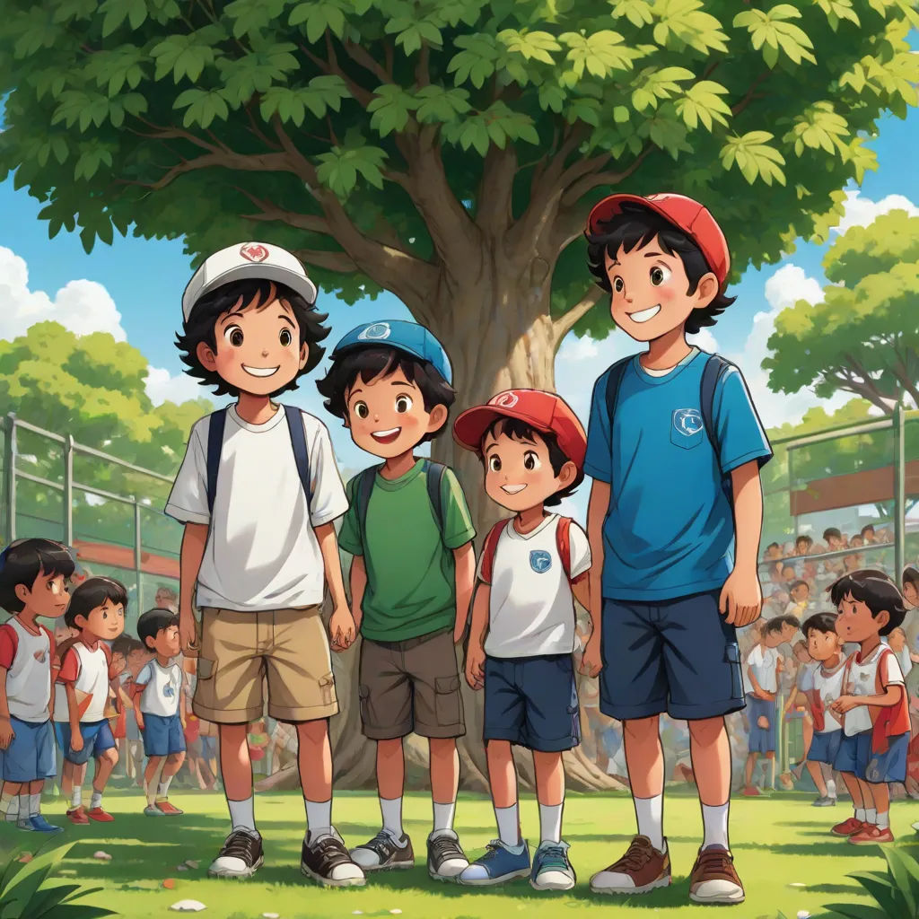 a group of children standing in front of a tree in a park with a crowd of people watching them, a storybook illustration, Brothers Hildebrandt, lyco art, official art