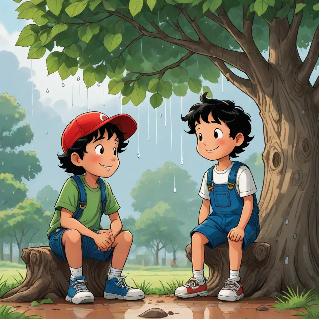 a boy and a girl sitting under a tree in the rain under a tree with a rain drop falling down, a storybook illustration, Fathi Hassan, lyco art, storybook illustration