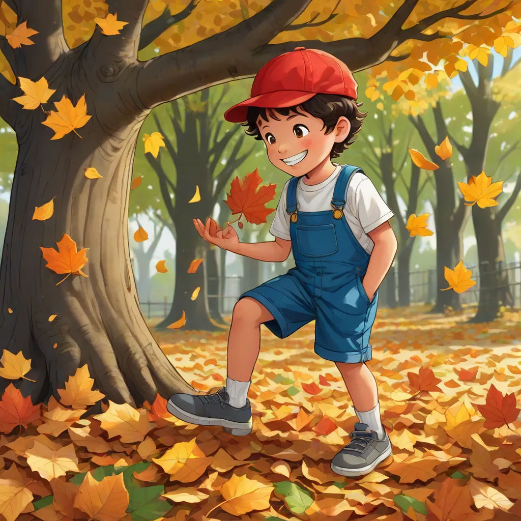 a boy in overalls and a red hat standing in a leaf filled forest with a tree in the background, a storybook illustration, Cyril Rolando, altermodern, cushart krenz