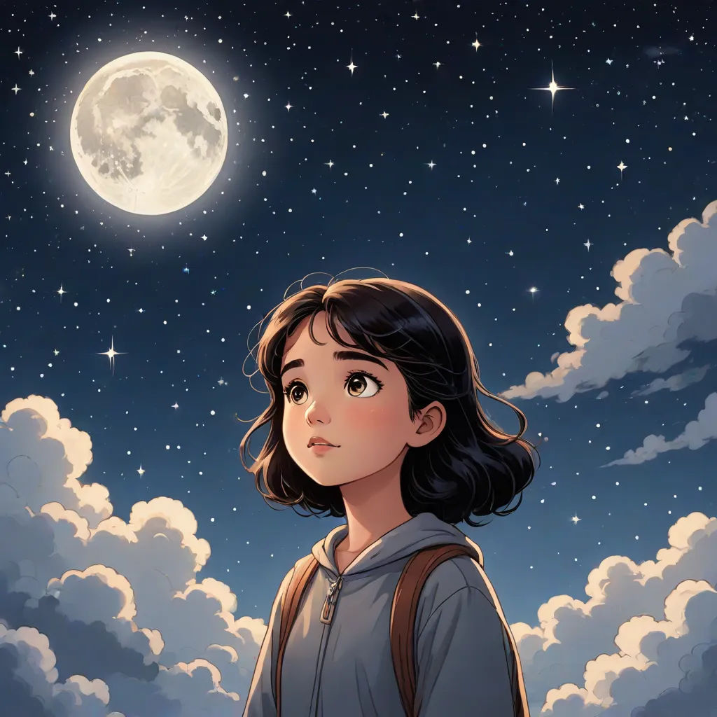 a girl looking up at the sky with a full moon in the background and clouds in the foreground, moon, space art, a comic book panel, Atey Ghailan