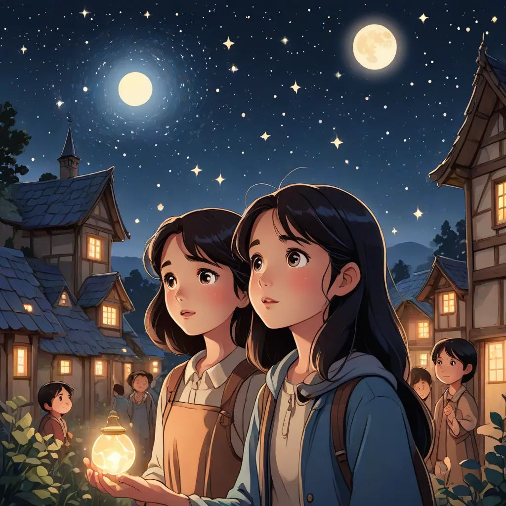 two girls looking at a lantern in the night sky with stars and a full moon in the background, with a full moon in the sky, official art, fantasy art, a storybook illustration, Choi Buk
