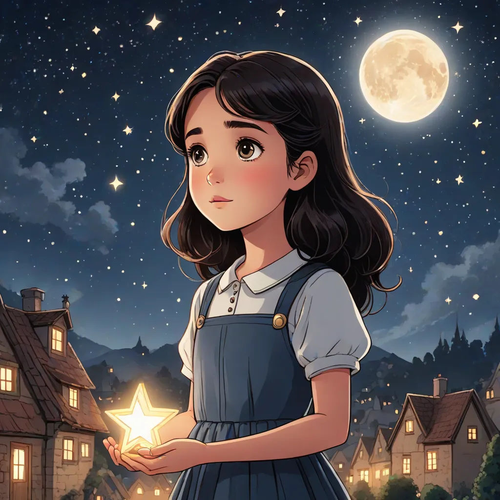a girl holding a star in her hands in front of a night sky with stars and a full moon, storybook illustration, magical realism, a storybook illustration, Alice Prin