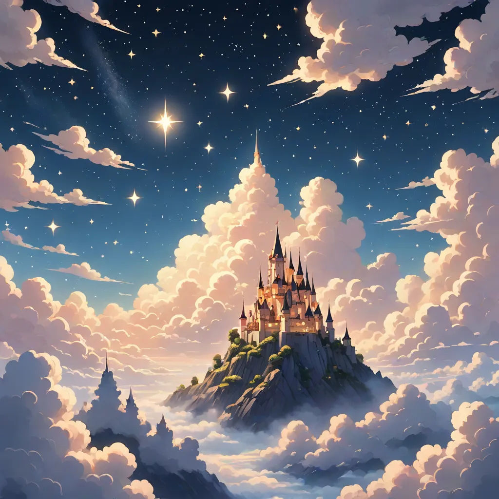 a castle in the sky with a star above it and clouds below it, with a bright moon above, kinkade, fantasy art, a detailed matte painting, Christophe Vacher