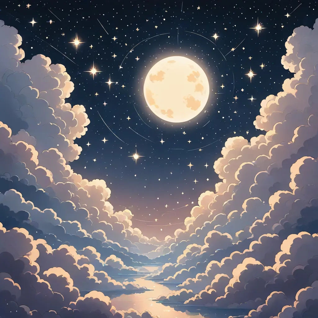 a painting of a night sky with stars and clouds and a full moon in the background with a path leading to the moon, sky, space art, a detailed painting, Chris LaBrooy