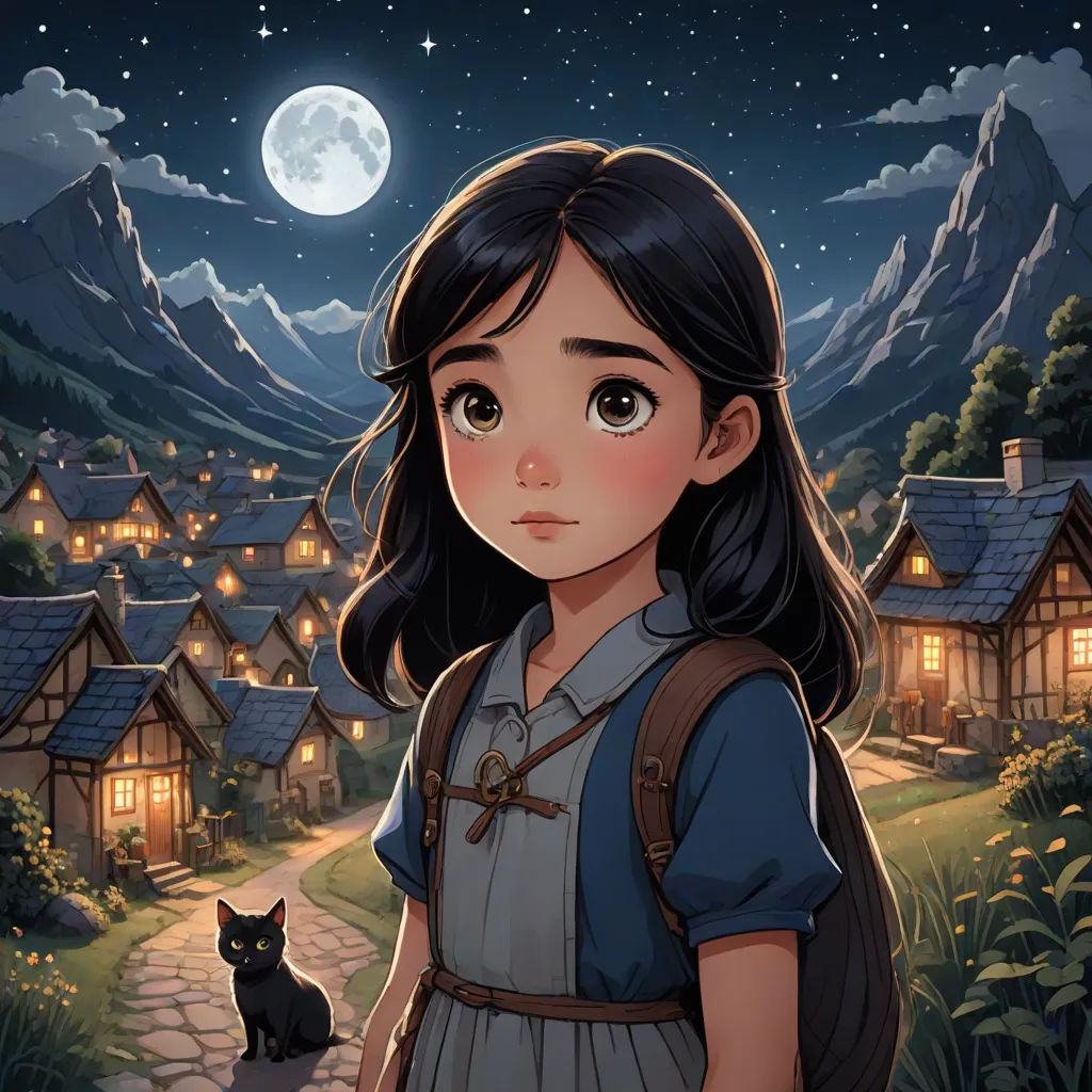 a girl with a backpack standing in front of a village at night with a cat on the ground and a full moon in the sky, comic cover art, fantasy art, a storybook illustration, Alice Prin