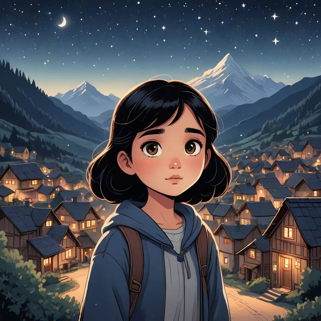 a girl standing in front of a village at night with a mountain in the background and stars in the sky, comic cover art, serial art, a storybook illustration, Atey Ghailan