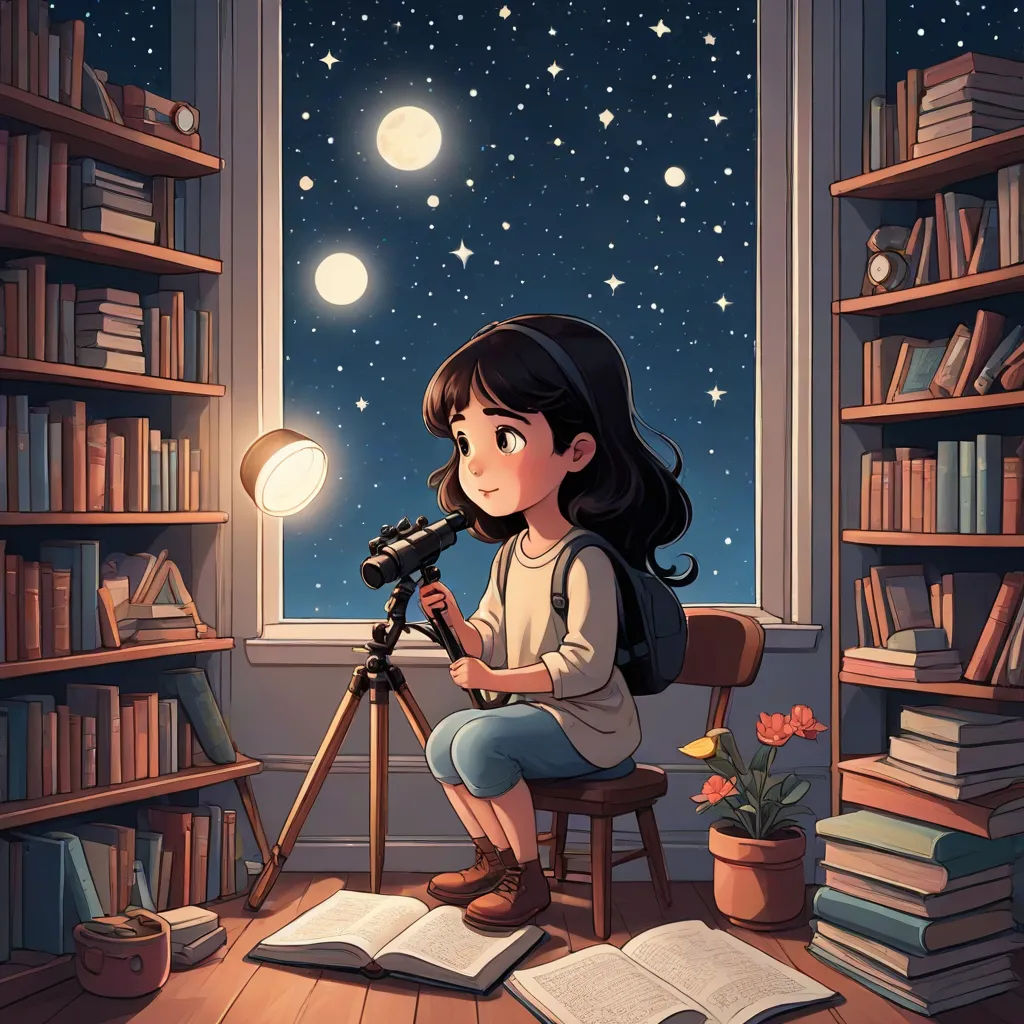 a girl sitting in a chair looking through a telescope at the stars outside of a window with a bookcase, storybook illustration, space art, a storybook illustration, Cyril Rolando