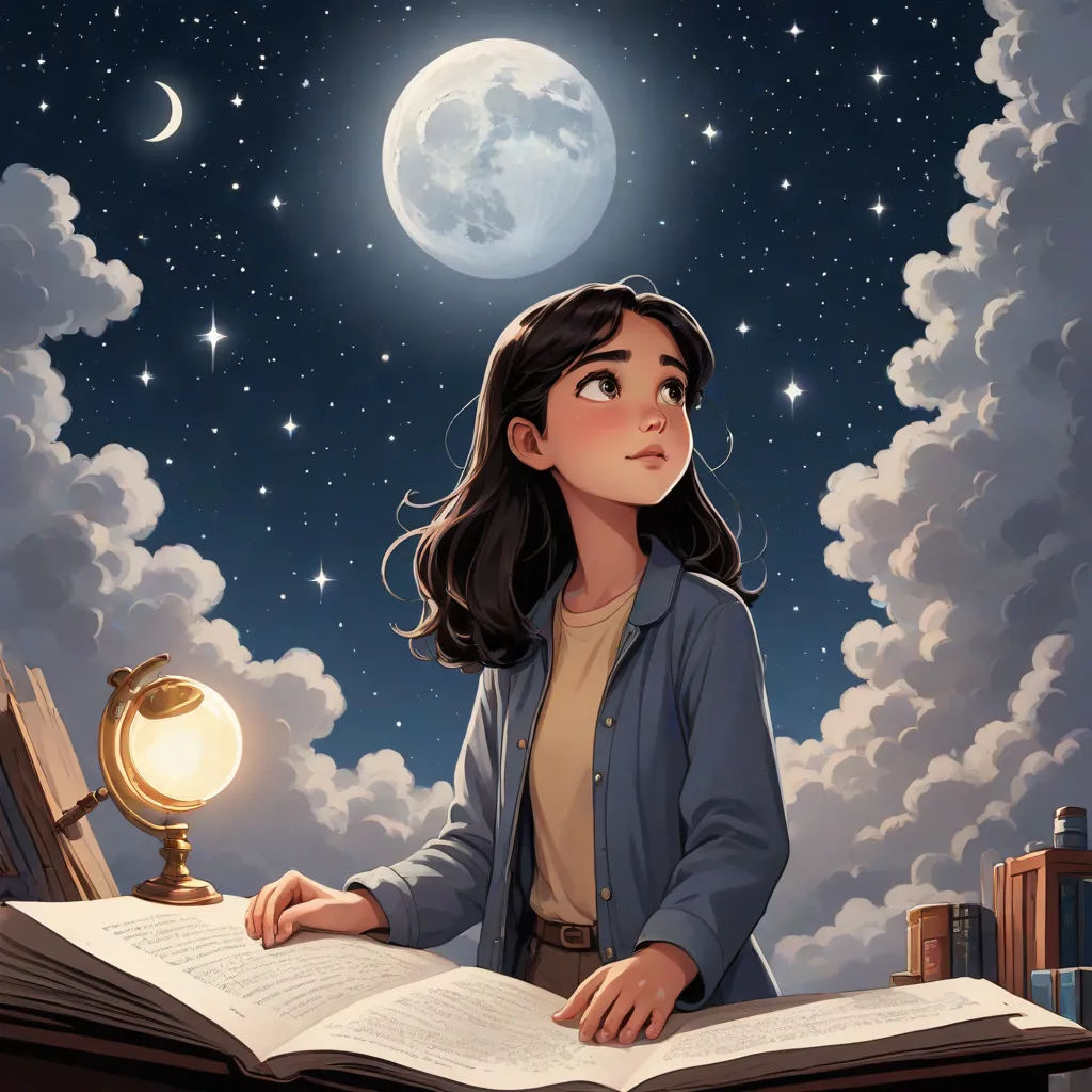 a girl sitting at a table reading a book under a full moon and stars sky with a lamp on it, storybook illustration, fantasy art, a storybook illustration, Cyril Rolando