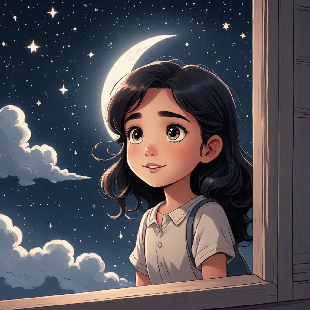a girl looking out a window at the night sky with a crescent moon and stars in the sky above, night sky, space art, a storybook illustration, Cyril Rolando