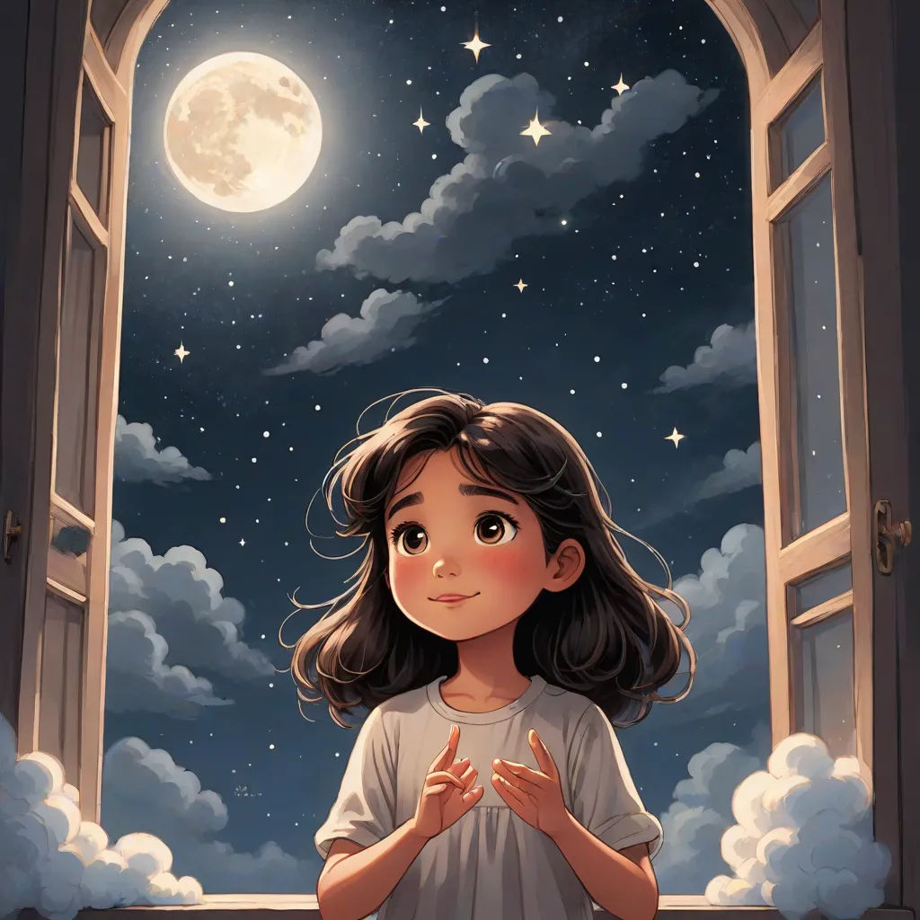 a girl standing in front of a window with a moon in the sky above her and clouds in the background, storybook illustration, space art, a storybook illustration, Atey Ghailan