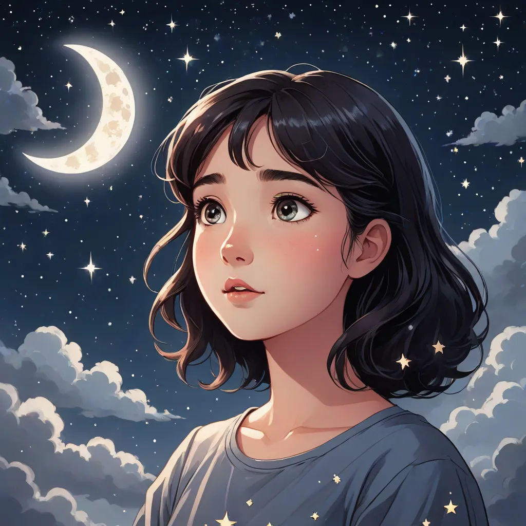a girl with a crescent moon and stars in the sky above her head is looking up at the stars, night sky, space art, a detailed painting, Atey Ghailan