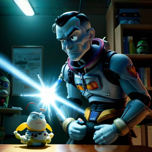 a cartoon character with a light saber in a room with other characters in the background and a desk with a bookcase