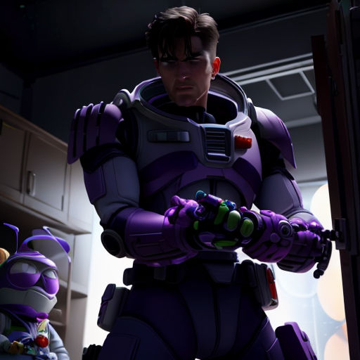 a man in a space suit holding a gun next to a cat in a kitchen area with a door open
