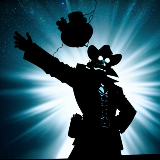 a silhouette of a man with a hat and a suit on, with a star in the background and a light shining behind him