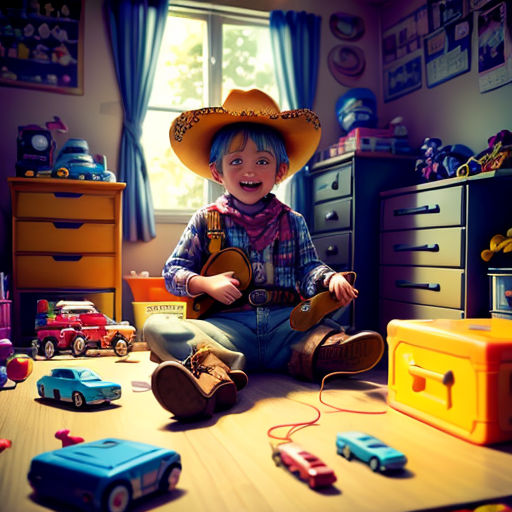 a child in a cowboy hat sitting on the floor with toys around him and a suitcase on the floor
