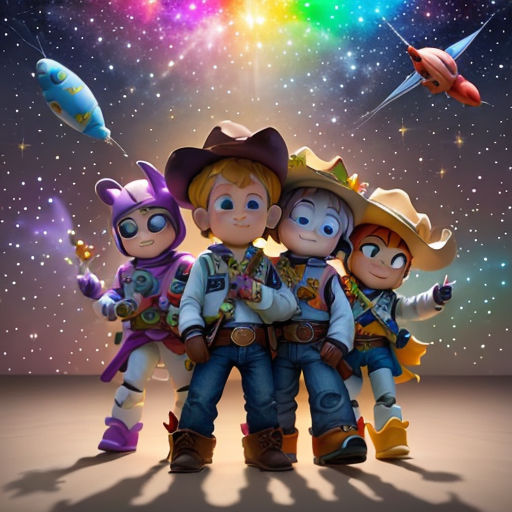 a group of cartoon characters standing in front of a colorful sky with stars and planets in the background, with a rainbow colored sky in the background