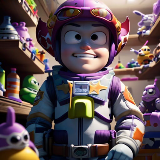 a cartoon character in a toy store with other toys in the background and a shelf full of toys in the background