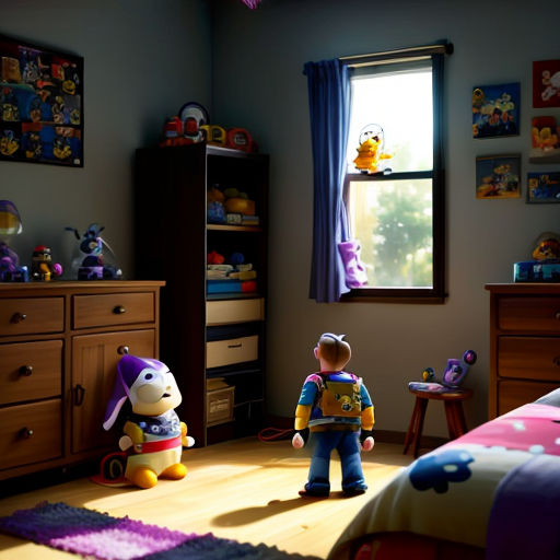 a child standing in a bedroom next to a window with a toy in front of it and a stuffed animal in the corner