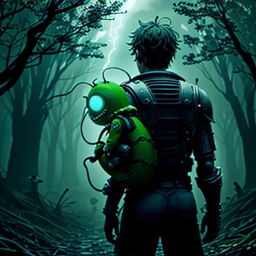 a man in a green suit holding a green robot in a forest with trees and lightning in the background