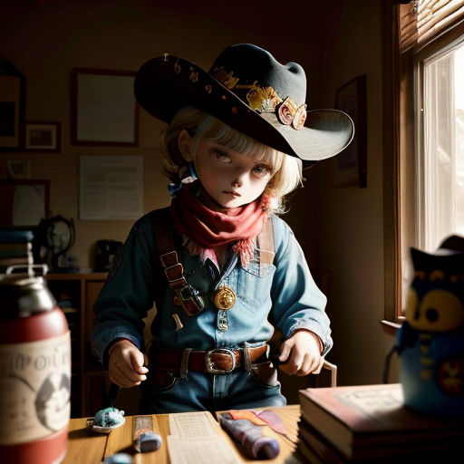 a little girl wearing a cowboy hat and scarf sitting at a table with a toy owl and a bottle