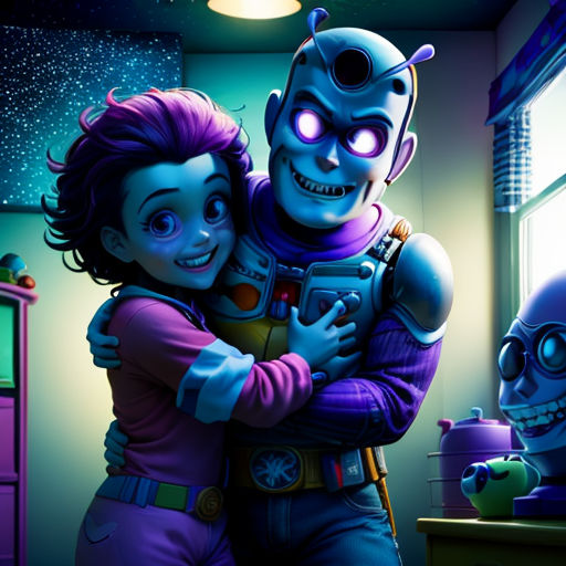 a cartoon character hugging a woman in a room with a skeleton on the wall and a window behind her