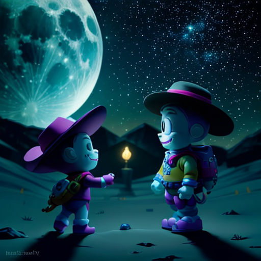 a couple of cartoon characters standing in the snow with a full moon in the background and a lantern in the sky