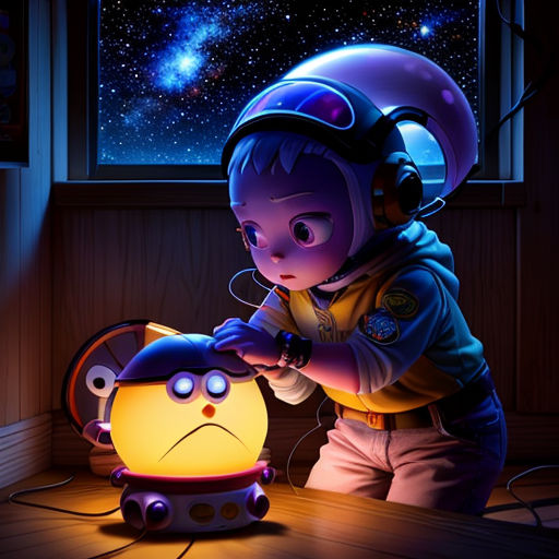 a little boy in a helmet is playing with a toy robot in a room with a window and stars