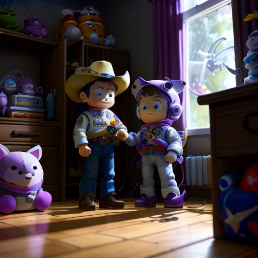 a couple of kids standing next to each other in a room with toys on the floor and a window