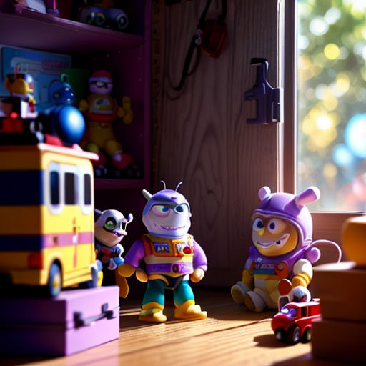 a group of toy figures sitting on top of a wooden floor next to a window with a toy bus