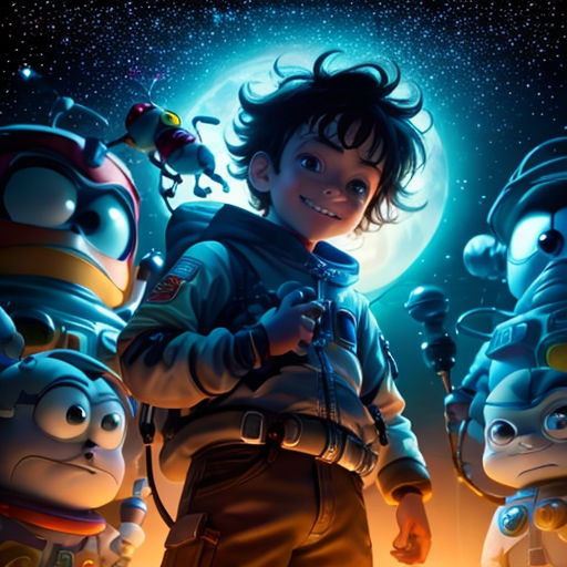 a boy standing in front of a group of cartoon characters in space with a full moon behind him and a blue sky with stars