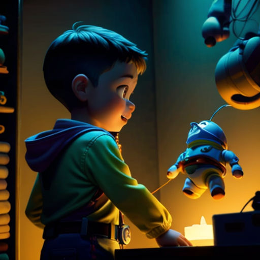a boy is playing with a robot in a room with a computer and a lamp on the wall behind him