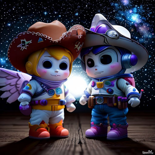 two little kids dressed in costumes standing next to each other in front of a night sky with stars and a light