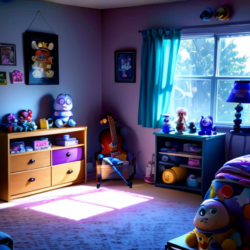 a bedroom with a bed, dresser, and a window with blue curtains and a teddy bear on the bed