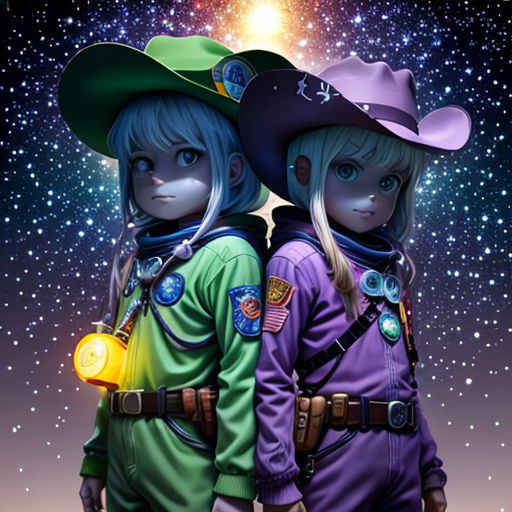 two people in costumes standing in front of a star filled sky with stars in the background and a bright yellow light