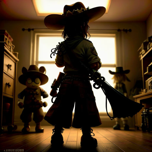 a little girl dressed in pirate costume standing in a room with other toys and a window in the background