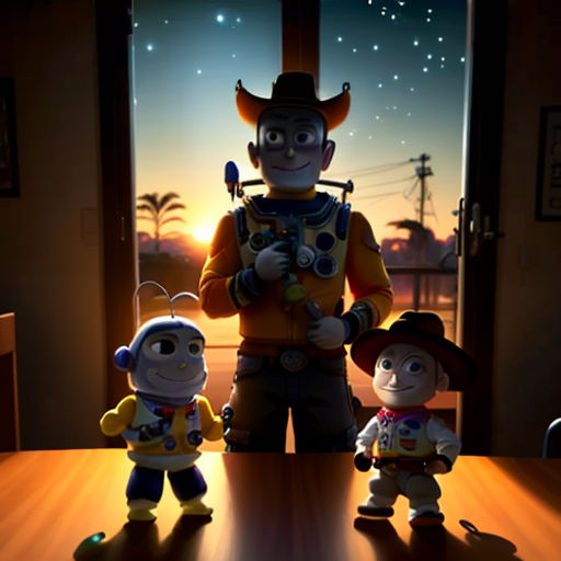a cartoon character standing next to a child in a room with a window and a door with a sky background