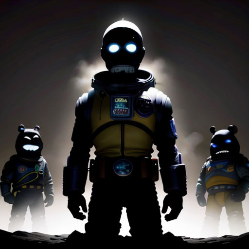a group of small robots standing next to each other on a dark surface with a light on their face