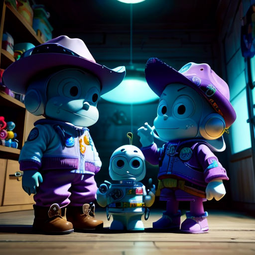 a couple of cartoon characters standing next to each other in a room with shelves and shelves full of toys